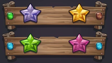 Wall Mural - A wooden game banner with iron star badges. Level achievement icons with empty title bar and green gemstones. Game interface elements isolated on background, modern cartoon illustrations of game