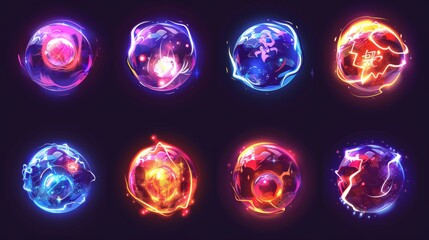 Wall Mural - Modern illustration of magic balls, crystal spheres, and energy orbs with glow, fire, and lightning. An illustration for magicians, fortune tellers, and witches.