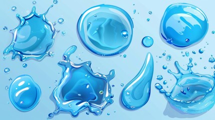 Poster - Droplets of pure aqua, cosmetic serum or gel in top view. Liquid spills, water drops and puddles isolated on transparent background.