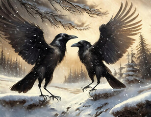 illustration of two shiny ravens fight in winter forest. Sephia toned animal canvas	