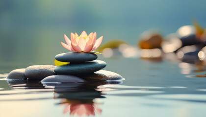 Sticker - A white flower is on top of a pile of rocks in a body of water