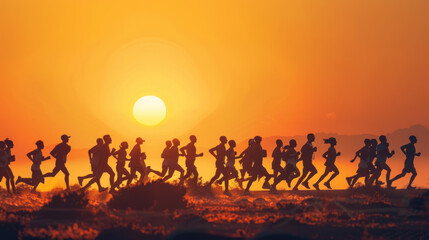 Poster - Generate a silhouette depiction of a group of marathon runners, each silhouette distinct in their style and form, yet moving forward together towards the finish line, embodying the spirit of teamwork 