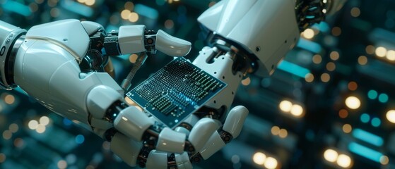 Poster - High Tech Authentic Robot Arm Holding Contemporary Computer Processor. End effector of Industrial Robotic Manipulator Holding CPU Chip on Industrial Robotic Manipulator.