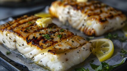 Capturing the Beauty of Grilled Halibut with Lemon Butter and Herbs in Stunning Lighting. Concept Food Photography, Grilled Halibut, Lemon Butter, Herbs, Lighting Effects