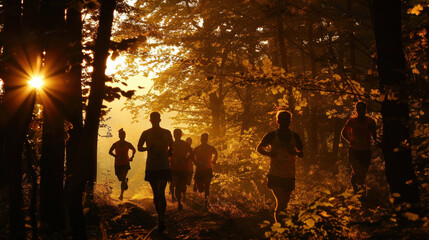 Wall Mural - a silhouette scene of runners silhouetted against a backdrop of trees and foliage during a dawn trail marathon, with dappled sunlight filtering through the branches, symbolizing the connection 