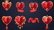 Isolated heart-shaped game rank frames. Modern cartoon illustration of diamond gemstone decorated with golden wings, ribbon and a royal crown.