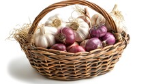 Garlic And Shallots Blend In A Woven Rattan Basket Aesthetic. Isolated On A White Background.
