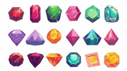 Symbols for match-3 game diamonds and jewels cartoon illustration. Scepter, sapphire, amethyst, and crystal buttons.