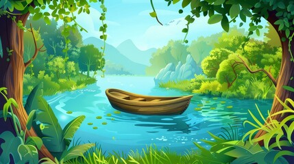 Wall Mural - Forest landscape with river and boat on water. Summer woods scenery with pond or lake, wooden boat, green grass, trees, and lianas, modern cartoon illustration.