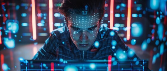 Canvas Print - Young Software Programmer in Digital Identity Cyber Security Data Center. Projected Coding Language Reflects His Face. Futuristic Hacking and Programming Concept.