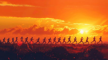 Wall Mural - an image of diverse runners silhouetted against the early morning sky, their strides synchronized as they navigate the marathon course together, showcasing the power of teamwork 