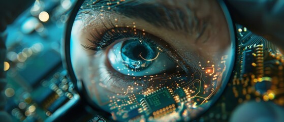 Poster - An electronic maintenance and repair engineer is soldering a motherboard, microchip, and circuit board while looking through a magnifying glass. Shot concept: Close-up low angle eye and face