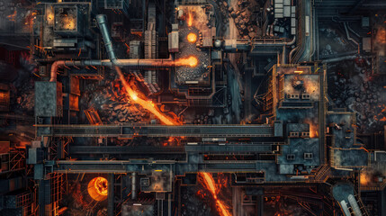 an overhead view of a busy steel mill, with molten metal pouring from blast furnaces and conveyor belts transporting raw materials and finished products, illustrating the heavy industry in action.