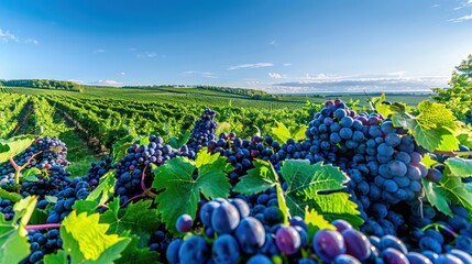 Canvas Print - vineyard with clusters of ripe grapes, under a clear blue sky