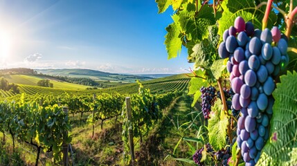 Wall Mural - vineyard with clusters of ripe grapes, under a clear blue sky