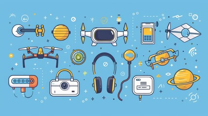 Wall Mural - Smart gadgets and communication technology on blue background. Modern illustration of chatbot, drone, data storage device, wire, VR headset, NFT text on space background.