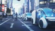 A line of futuristic autonomous vehicles navigating through a labyrinth of city streets,with pedestrians and cyclists sharing the road