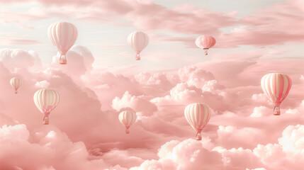 Wall Mural - Dreamy Hot Air Balloons Floating Through Pink Clouds