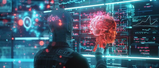 Poster - The idea of digitalization is displayed on a computer screen that shows a future version of artificial intelligence spread via the internet. A visualization of machine learning, artificial