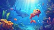 An underwater cartoon scene with fish. Light and swimming goldfish, octopus, shark, piranha, and angler. Reflections of sunlight on clean seafloor.