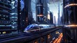 A line of futuristic maglev trains speeding along elevated tracks,cutting through a futuristic cityscape with skyscrapers and neon lights
