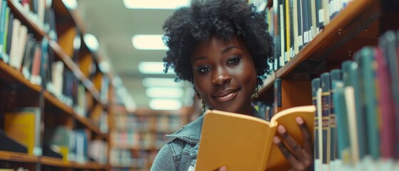 Poster - A smart, beautiful black girl is standing by a bookshelf holding a text book and studying for an exam. Low-angle portrait with a smile.