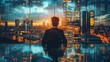 © visoot - Rear view. Double exposure of success businessman working in office with city building view, filter effect. Generative AI.