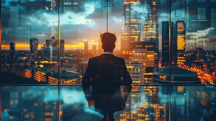 Aufkleber - Rear view. Double exposure of success businessman working in office with city building view, filter effect. Generative AI.