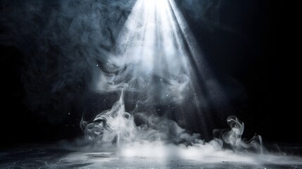 Poster - a black backdrop, a white spotlight shines down on our product. Surrounding it, bursts of shimmering silver smoke emerge, creating an atmosphere of elegance and refinement. 
