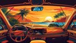 In the background is a sunset road with inside car dashboard view of a summer landscape with palm trees and sun rays seen through a vehicle windscreen. Unmanned navigation and steering can be seen