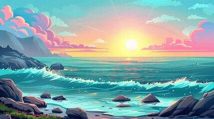 Wall Mural - At night, it is a landscape of rocky shore and the ocean coast with mountains, clouds and the sun in the sky. Modern illustration of an evening scene of rocky shore at sunset.