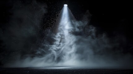 Poster - a black backdrop, a white spotlight shines down on our product. Surrounding it, bursts of shimmering silver smoke emerge, creating an atmosphere of elegance and refinement. 