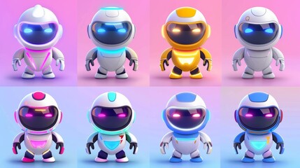 Wall Mural - Modern set of cute AI robot evolution mascot. Isolated digital modern computer bot design icon. Mechanical companion for internet communication and education.