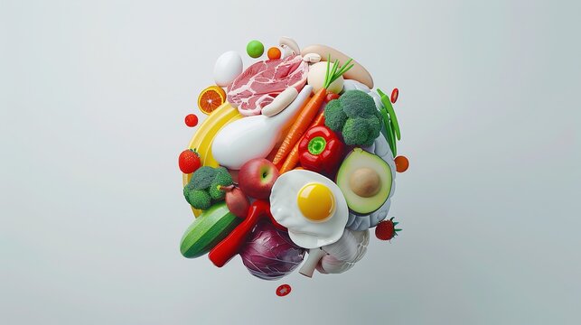 the human brain is made from colorful vegetables, meat, milk, and eggs. healthy nutrition. built wit