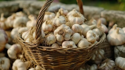 Wall Mural - basket full of fresh garlic, surrounded endless field with green plants, creating a natural environment