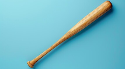 Poster - A wooden baseball bat on a blue background. The bat is in focus and the background is blurred.