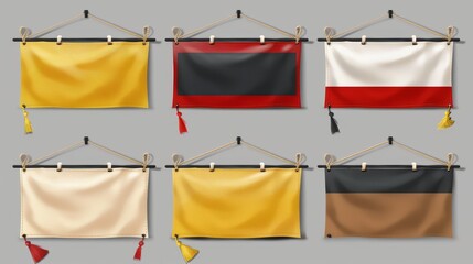 Poster - A realistic image of fabric banners suspended from ropes on a transparency background. Modern illustration with yellow, red, black, white colors and blank background.