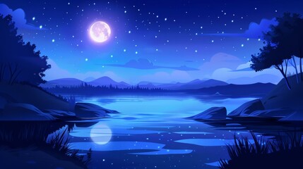 Wall Mural - Landscape of a flowing river in a valley at night. Modern cartoon illustration of a beautiful natural scene, with a full moon, stars, reflections on water and trees.
