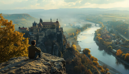 Wall Mural - A man is sitting on a rock overlooking a river with a castle in the background