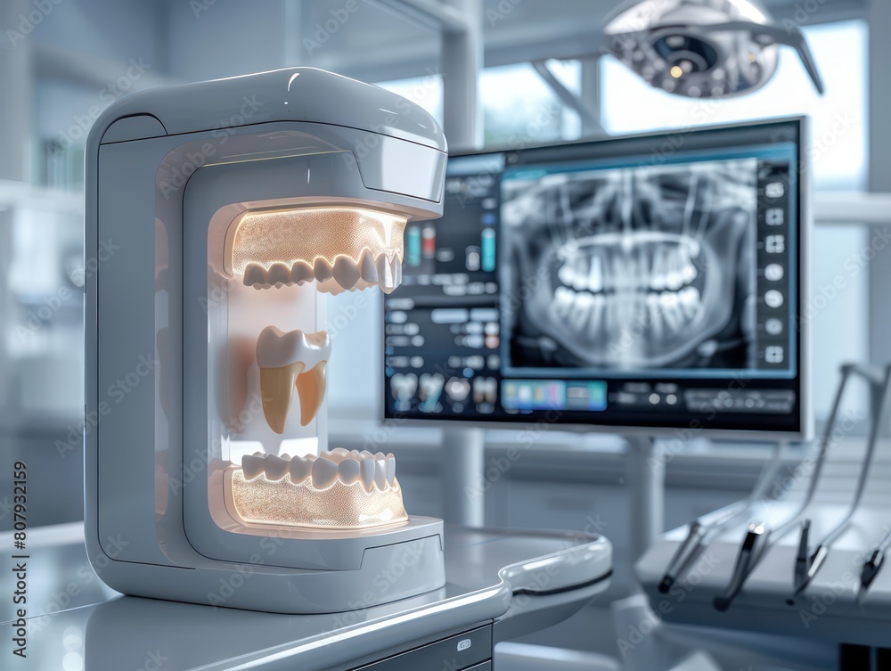 dental design software on the screens, with teeth and jaw images in a white office desk