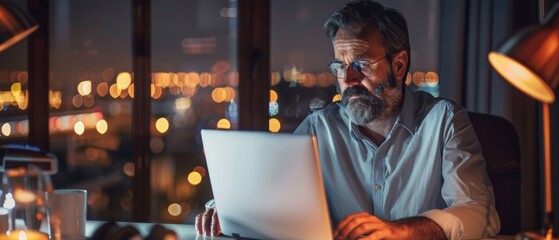 Poster - An attractive middle-aged bearded businessman uses a laptop computer at his desk while seated in a cozy home office. View of the city at night from a window in the studio.