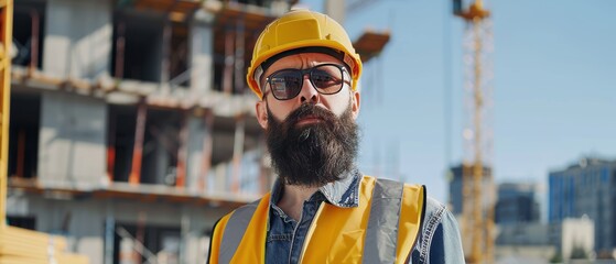 Poster - Engineer-Architect with a Bearded Head Wears a Hard Hat, Shirt, Jeans, and a Yellow Safety Vest in a Sunny Construction Site.