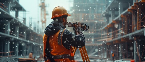 Poster - Theodolite Surveying Optical Instrument Being Used on a Construction Site by a Worker Wearing a Hard Hat Making Projections for a Building.