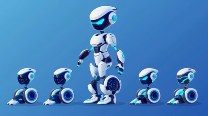 Poster - Animated cartoon illustration of advanced AI machine from wheeled mascot to machine with arms, led eyes on screen face. Modern tech advances.
