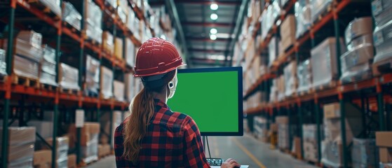 Poster - In a distribution warehouse full of shelves with goods, a woman wearing a hard hat uses a computer in a mock-up with a green chroma screen.