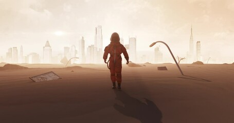 Wall Mural - a person in an astronaut suit walking within a city destroyed after a nuclear war. great destruction