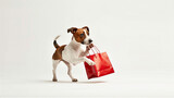 Fototapeta Konie - Portrait of cute dog with shopping bag isolated on white background