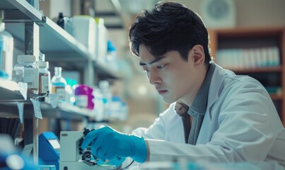  A young Korean man in his early to mid 20s, wearing blue gloves and a white lab coat with dark hair tied back behind his head is sitting at an office desk using micro detection up