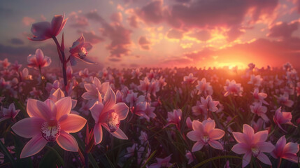 The tranquil beauty of a sunset over a field of orchids, their exotic blooms bathed in the soft, ethereal light of evening.