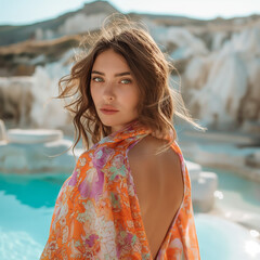 A beautiful fashion model wearing a neon pink and orange printed silk scarf, posing in a white marble pool with crystal clear blue water. Fashion summer concept.